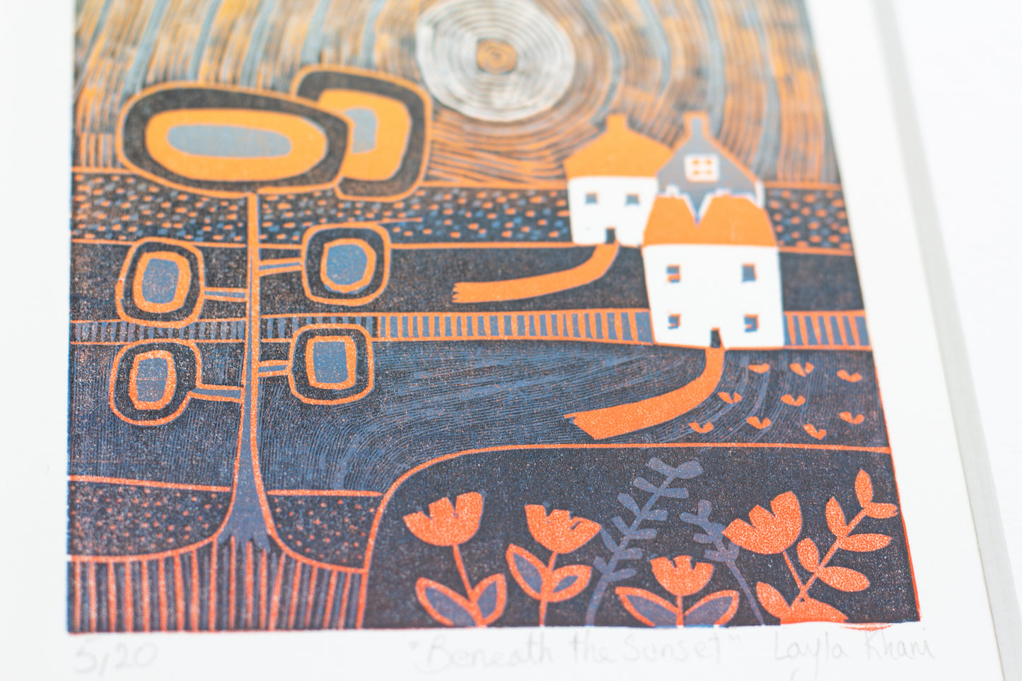 Beneath the Sunset original mini linocut print mounted and displayed, limited edition of 20