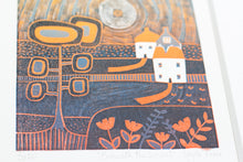 Load image into Gallery viewer, linocut print titled Sunset Fields, depicting a vibrant rural scene with rolling hills, trees, and flowers in warm orange and navy, under a glowing sun.