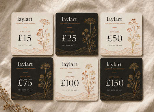 Laylart Studio art gift cards in £15 £25 £50 £75 £100 and £150 values