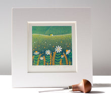 Load image into Gallery viewer, linocut print with calming shades of green and yellow, where daisies bloom under a serene sky, embodying the beauty of nature's simplicity.