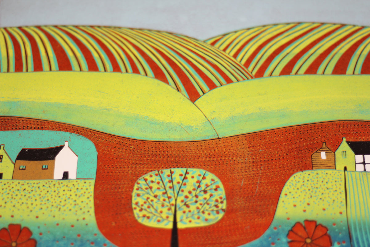 Detail of striped hills, cottages and carved landscape marks in Endless Summer linocut print