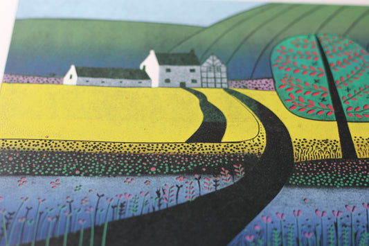 A Walk in the Rapeseed Fields linocut print detail, yellow rapeseed fields and countryside path by Layla Khani