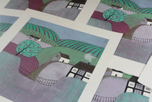 Load image into Gallery viewer, An original reduction linocut print titled 'Apple Orchard' by Laylart Studio. This artwork features a picturesque rural landscape with an apple orchard and a farm, portrayed in subtle and soothing colors. The detailed linocut technique showcases the tranquility of the countryside."