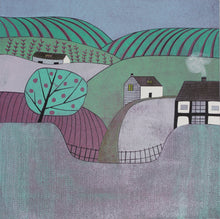 Load image into Gallery viewer, An original reduction linocut print titled 'Apple Orchard' by Laylart Studio. This artwork features a picturesque rural landscape with an apple orchard and a farm, portrayed in subtle and soothing colors. The detailed linocut technique showcases the tranquility of the countryside."