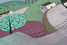 Load image into Gallery viewer, Detailed view of the apple orchard in 'Apple Orchard' linocut print, showcasing the delicate textures.