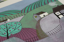 Load image into Gallery viewer, A magnified look at the farm buildings in 'Apple Orchard' reduction linocut print.