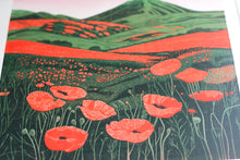 Load image into Gallery viewer, Original Linocut Print | 'Hillside Poppies in Bloom'
