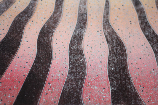 Chorus of Colours original linocut print, red pink and gold autumn landscape, limited edition of 25