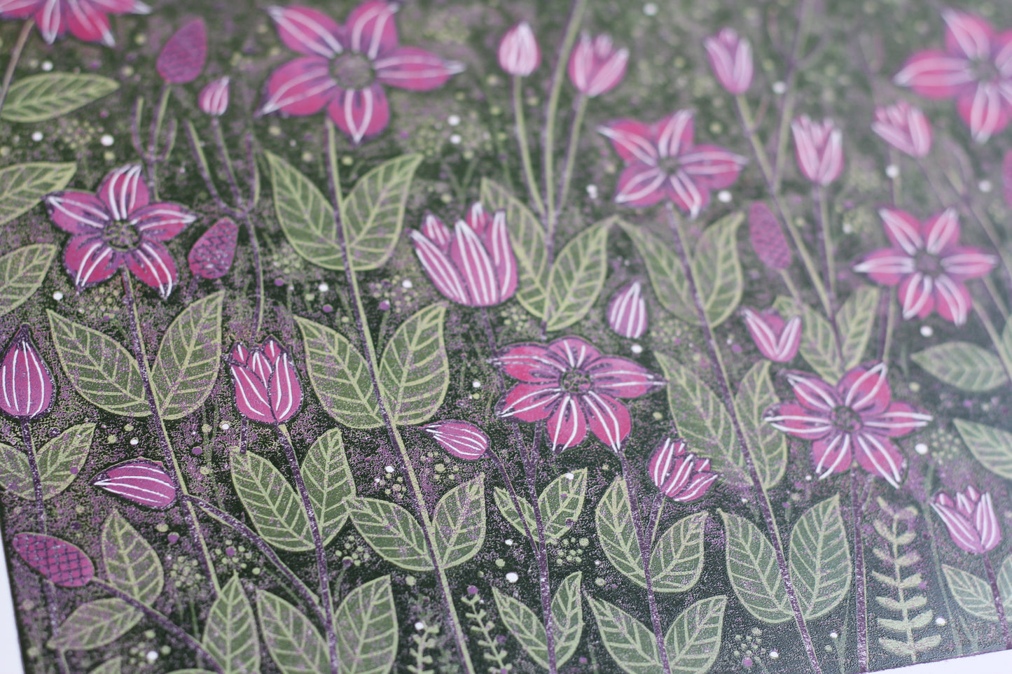 Nature's Melody - Linocut print limited edition close up - Layla Khani - Laylart Studio