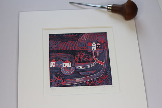 Calm Before the Nightfall mini linocut print with carving tool, hand-crafted by Layla Khani