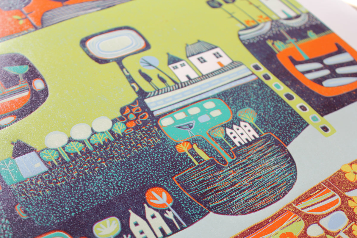 Detail showing layered colours and hand-printed textures in A Glorious Sight linocut print