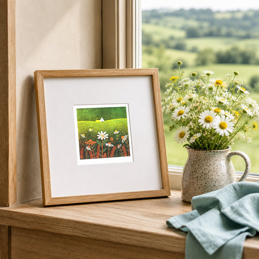Mini linocut print framed in pale oak, propped on a windowsill with fresh daisies in a stone jug
