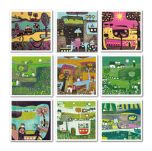 Load image into Gallery viewer, Nine vibrant linocut landscape greeting cards, each featuring unique, colourful designs for various occasions.
