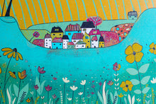 Load image into Gallery viewer, original lino print, lino print for sale, linocut print, limited edition, laylart print, laylart studio, lino print green, green wall art print, spring flower fields, colourful meadow, landscape linocut print, printmaking, reduction lino print, lino print for sale, colourful orange blue yellow