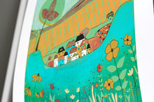 Load image into Gallery viewer, original lino print, lino print for sale, linocut print, limited edition, laylart print, laylart studio, lino print green, green wall art print, spring flower fields, colourful meadow, landscape linocut print, printmaking, reduction lino print, lino print for sale, colourful orange blue yellow