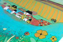 Load image into Gallery viewer, original lino print, lino print for sale, linocut print, limited edition, laylart print, laylart studio, lino print green, green wall art print, spring flower fields, colourful meadow, landscape linocut print, printmaking, reduction lino print, lino print for sale, colourful orange blue yellow