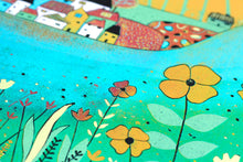 Load image into Gallery viewer, original lino print, lino print for sale, linocut print, limited edition, laylart print, laylart studio, lino print green, green wall art print, spring flower fields, colourful meadow, landscape linocut print, printmaking, reduction lino print, lino print for sale, colourful orange blue yellow