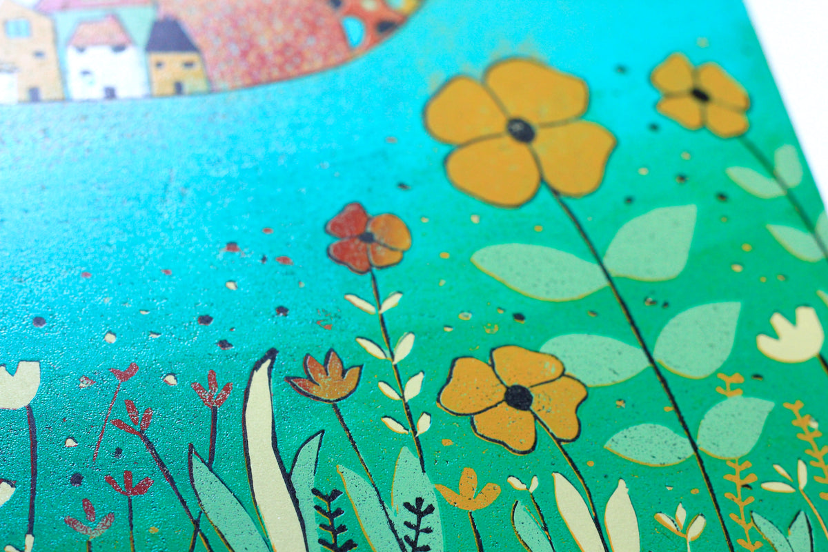original lino print, lino print for sale, linocut print, limited edition, laylart print, laylart studio, lino print green, green wall art print, spring flower fields, colourful meadow, landscape linocut print, printmaking, reduction lino print, lino print for sale, colourful orange blue yellow
