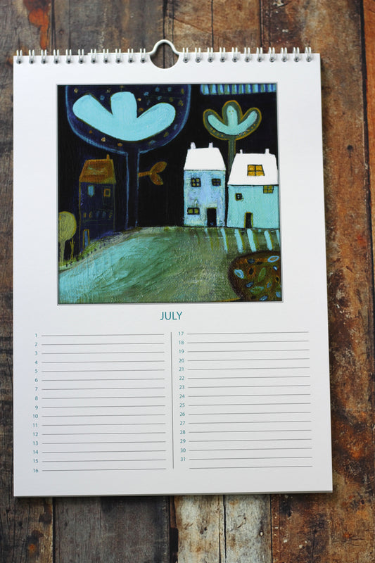 Laylart A4 perpetual birthday calendar open to July, featuring an original acrylic night village painting with bold teal trees and white cottages
