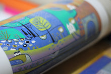 Load image into Gallery viewer, original linocut print, lino print, linoleum print, colour lino print, lino block print, lino cut print for sale, linoleum art, lino print art, printmaking, reduction print, landscape linocut, original artwork, original linocut print, laylart linocut print, laylart studio, limited edition print, lino print art, wall art print, living room wall art, colourful home decor, unique artwork, best selling linocut print, housewarming gift, blue green yellow, tree houses, whimsical art print