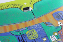 Load image into Gallery viewer, original linocut print, lino print, linoleum print, colour lino print, lino block print, lino cut print for sale, linoleum art, lino print art, printmaking, reduction print, landscape linocut, original artwork, original linocut print, laylart linocut print, laylart studio, limited edition print, lino print art, wall art print, living room wall art, colourful home decor, unique artwork, best selling linocut print, housewarming gift, blue green yellow, tree houses, whimsical art print