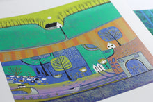 Load image into Gallery viewer, original linocut print, lino print, linoleum print, colour lino print, lino block print, lino cut print for sale, linoleum art, lino print art, printmaking, reduction print, landscape linocut, original artwork, original linocut print, laylart linocut print, laylart studio, limited edition print, lino print art, wall art print, living room wall art, colourful home decor, unique artwork, best selling linocut print, housewarming gift, blue green yellow, tree houses, whimsical art print