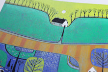 Load image into Gallery viewer, original linocut print, lino print, linoleum print, colour lino print, lino block print, lino cut print for sale, linoleum art, lino print art, printmaking, reduction print, landscape linocut, original artwork, original linocut print, laylart linocut print, laylart studio, limited edition print, lino print art, wall art print, living room wall art, colourful home decor, unique artwork, best selling linocut print, housewarming gift, blue green yellow, tree houses, whimsical art print, hand pulled print