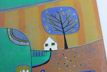 Load image into Gallery viewer, original linocut print, lino print, linoleum print, colour lino print, lino block print, lino cut print for sale, linoleum art, lino print art, printmaking, reduction print, landscape linocut, original artwork, original linocut print, laylart linocut print, laylart studio, limited edition print, lino print art, wall art print, living room wall art, colourful home decor, unique artwork, best selling linocut print, housewarming gift, blue green yellow, tree houses, whimsical art print, hand pulled print