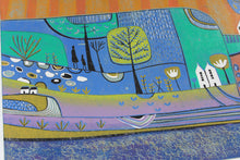 Load image into Gallery viewer, original linocut print, lino print, linoleum print, colour lino print, lino block print, lino cut print for sale, linoleum art, lino print art, printmaking, reduction print, landscape linocut, original artwork, original linocut print, laylart linocut print, laylart studio, limited edition print, lino print art, wall art print, living room wall art, colourful home decor, unique artwork, best selling linocut print, housewarming gift, blue green yellow, tree houses, whimsical art print