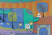 Load image into Gallery viewer, original linocut print, lino print, linoleum print, colour lino print, lino block print, lino cut print for sale, linoleum art, lino print art, printmaking, reduction print, landscape linocut, original artwork, original linocut print, laylart linocut print, laylart studio, limited edition print, lino print art, wall art print, living room wall art, colourful home decor, unique artwork, best selling linocut print, housewarming gift, blue green yellow, tree houses, whimsical art print