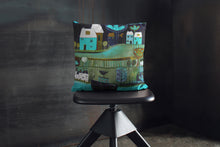Load image into Gallery viewer, art print pillow throw, cushion cover, pillow cover, decorative cushion cover, decorative pillow, armchair pillow, unique art print pillow, painting print, Teal Navy blue cushion, laylart studio, laylart, interior design, designer cushion, floral whimsy design, colourful home decor, unique fine art pillow