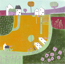 Load image into Gallery viewer, original lino print, lino print for sale, linocut print, limited edition, laylart print, laylart studio, lino print green, green wall art print, spring flower fields, colourful meadow, landscape linocut print, printmaking, reduction lino print, lino print for sale, colourful orange blue yellow