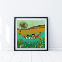 Load image into Gallery viewer, original lino print, lino print for sale, linocut print, limited edition, laylart print, laylart studio, lino print green, green wall art print, spring flower fields, colourful meadow, landscape linocut print, printmaking, reduction lino print, lino print for sale, colourful orange blue yellow