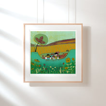 Load image into Gallery viewer, original lino print, lino print for sale, linocut print, limited edition, laylart print, laylart studio, lino print green, green wall art print, spring flower fields, colourful meadow, landscape linocut print, printmaking, reduction lino print, lino print for sale, colourful orange blue yellow