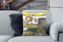 Load image into Gallery viewer, art print pillow throw, cushion cover, pillow cover, decorative cushion cover, decorative pillow, armchair pillow, unique art print pillow, linocut print, yellow purple cushion, laylart studio, laylart, interior design, designer cushion, floral whimsy design, colourful home decor, unique fine art pillow