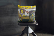 Load image into Gallery viewer, art print pillow throw, cushion cover, pillow cover, decorative cushion cover, decorative pillow, armchair pillow, unique art print pillow, linocut print, yellow purple cushion, laylart studio, laylart, interior design, designer cushion, floral whimsy design, colourful home decor, unique fine art pillow