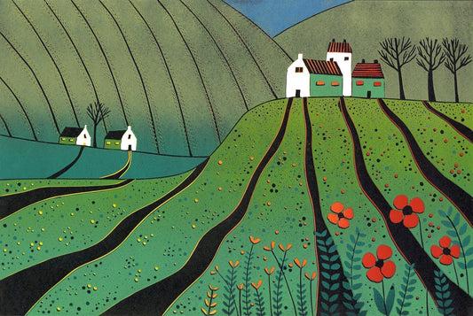 Colourful linocut landscape inspired by the Malvern Hills, with rolling green fields, country houses, winding tracks and bare trees.