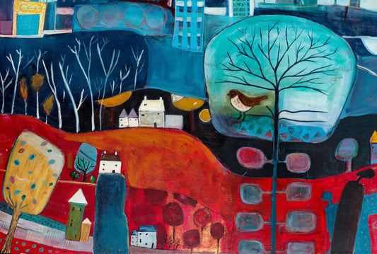 Far and Away, colourful landscape painting by Layla Khani featuring a turquoise tree, bird, cottages and sweeping red fields.