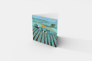 Gorgeous Stylized Rural Landscape Linocut Print Greeting Card in Shades of Blue