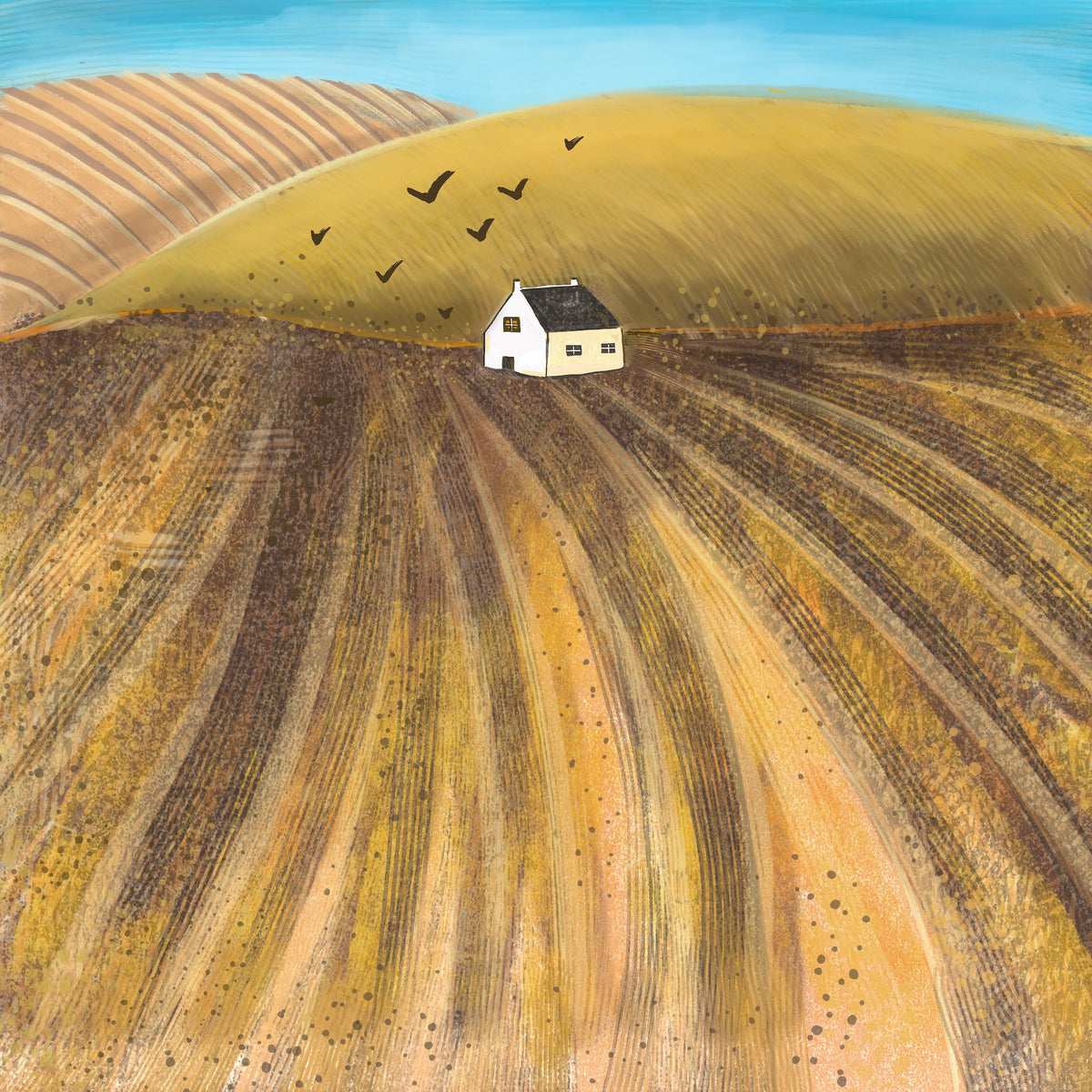 Art greeting card design showing sweeping golden harvested fields, a small white cottage, rolling hills and birds flying across a blue sky.