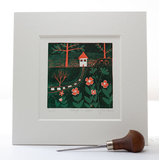 Cottage in Bloom mini linocut print mounted with carving tool, hand-crafted by Layla Khani