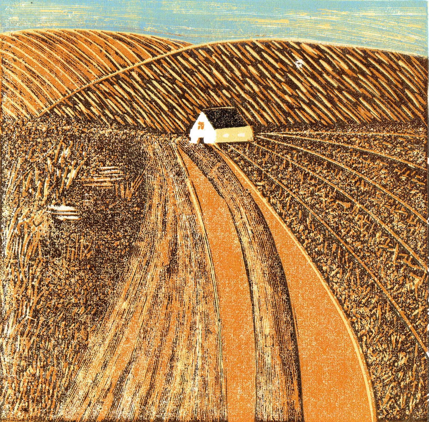 Original reduction linocut mini print by Layla Khani - late summer harvest fields and a hillside cottage, hand-printed in the Malvern Hills. Limited edition of 25.