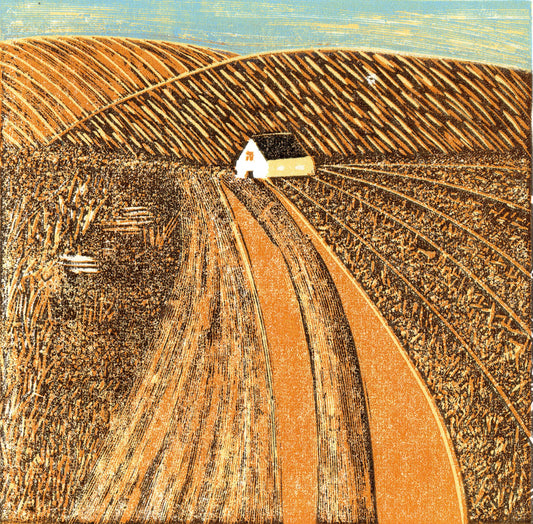 Original reduction linocut mini print by Layla Khani - late summer harvest fields and a hillside cottage, hand-printed in the Malvern Hills. Limited edition of 25.