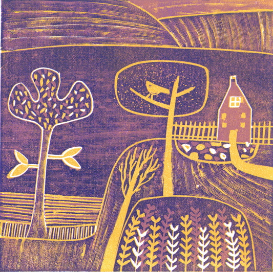 Harvest Light - original limited edition mini linocut print by Layla Khani, late summer landscape in purple and gold with bird and cottage, Laylart Studio