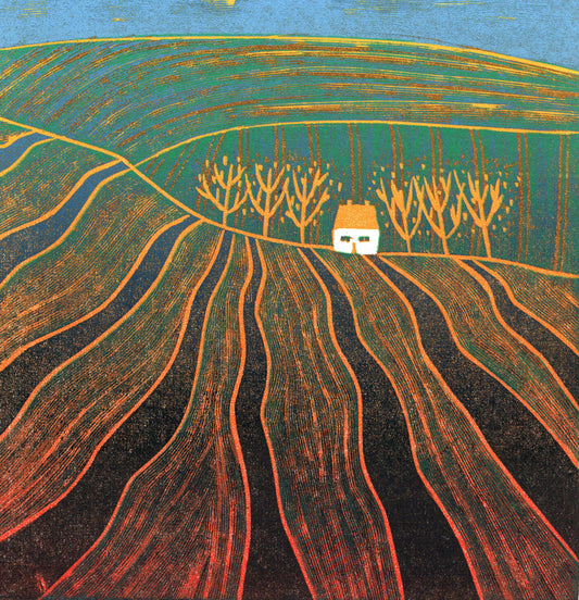 Original reduction linocut mini print by Layla Khani - ploughed fields in warm afternoon light with a cottage amongst bare trees. Limited edition of 20.