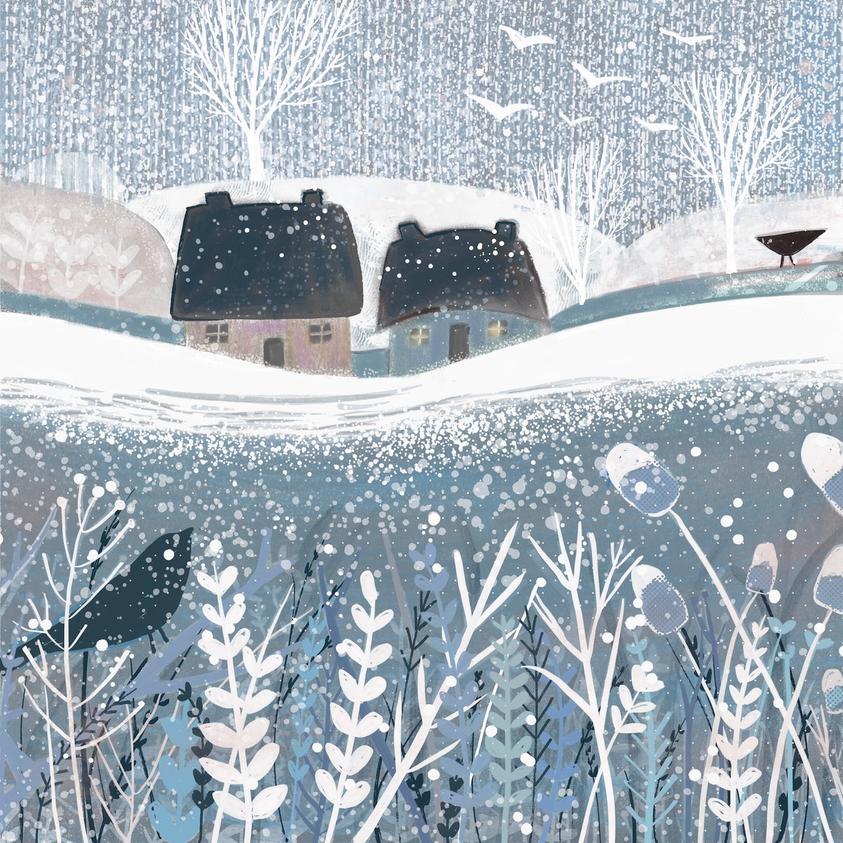Winter Birds Christmas greeting card with birds and snowy winter landscape artwork