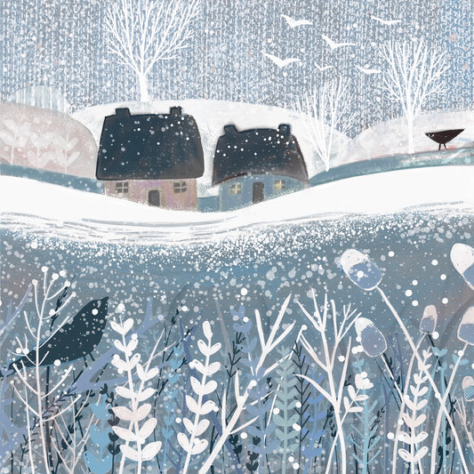Winter Birds Christmas greeting card with birds and snowy winter landscape artwork