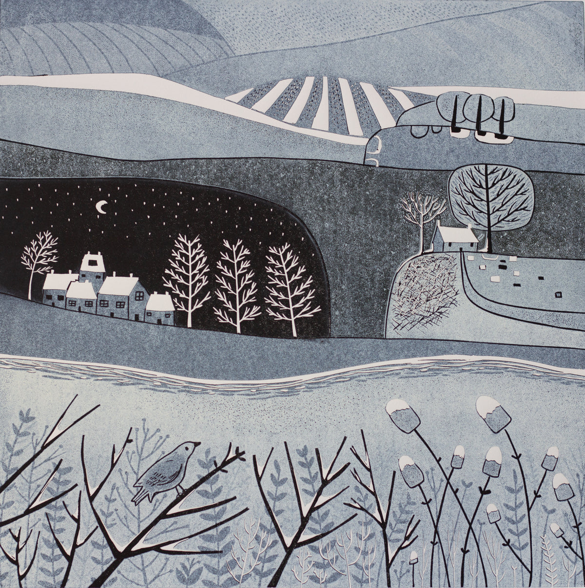Wild Winter original linocut print of a British winter landscape by Layla Khani
