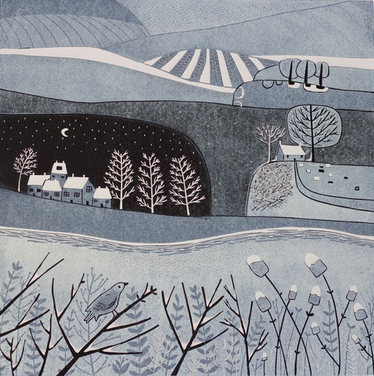 Wild Winter original linocut print of a British winter landscape by Layla Khani

