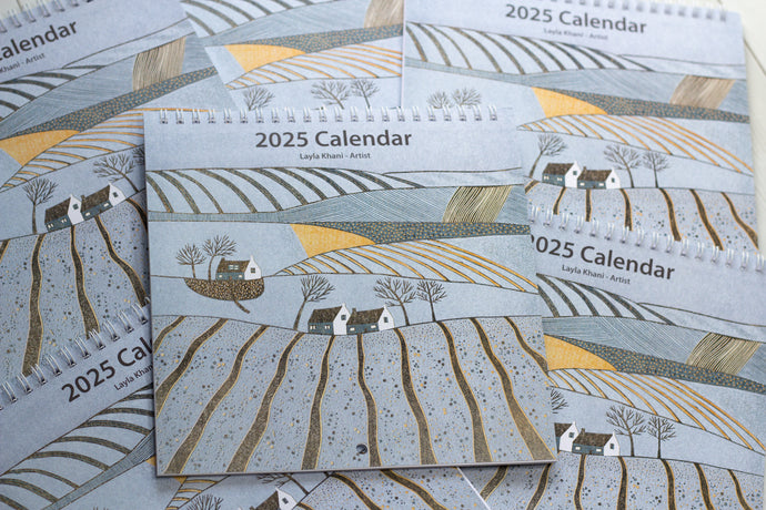 Colorful cover of the 2025 calendar by Laylart Studio, featuring an expressive linocut artwork by Layla Khani.